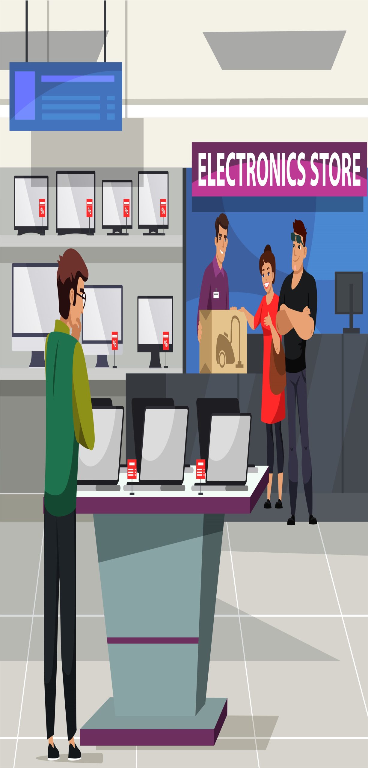 Electronic store interior, couple buys household appliance, assistant checkout and packaging. Man in shop department, shelves gadgets assortment, discount, retail sales tech product